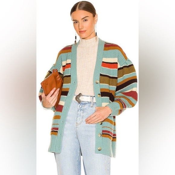 Ulla Johnson Sweaters - Ulla Johnson Teal Striped Tillie Ballon Sleeve Cardigan Sweater Size Small